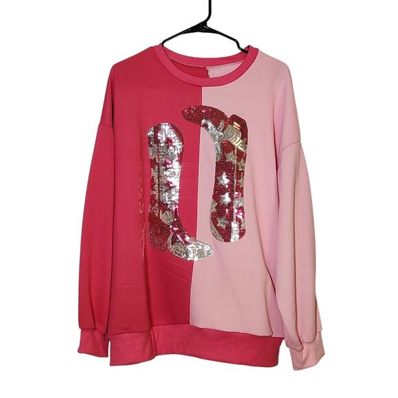 Sequin Cowgirl Boots Pink Sweatshirt, Size Large - Picture 2 of 9